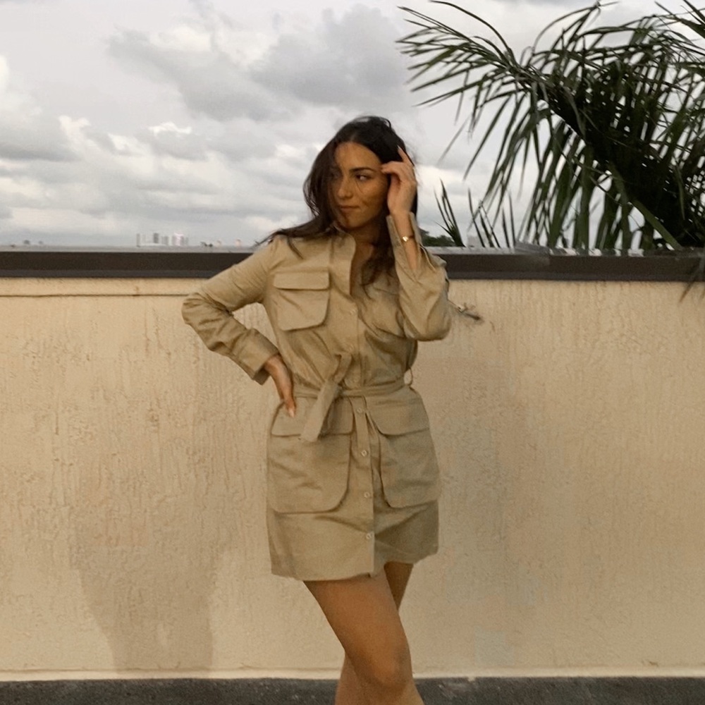Camel Utility Tie Waist Shirt Dress